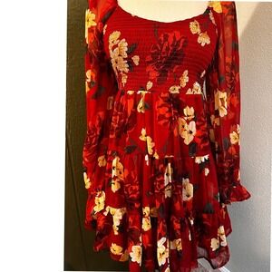 Patrons of Peace Red Ditsy Floral Boho Peasant Tiered Ruffle Mini Dress XS